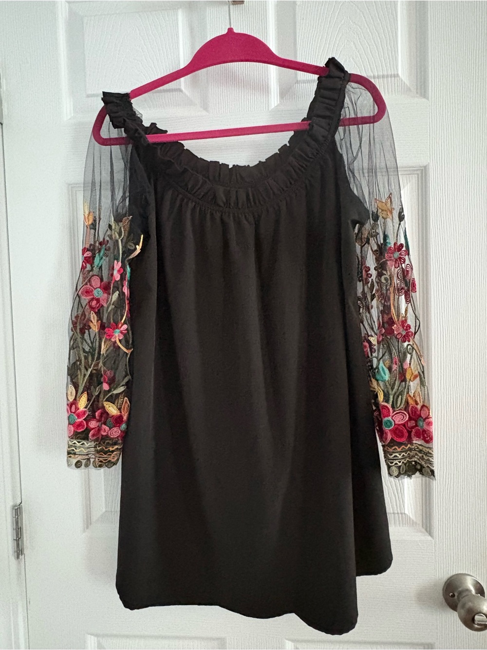 Black Off or On Shoulder Blouse with Floral Embroidered Sheer Sleeves